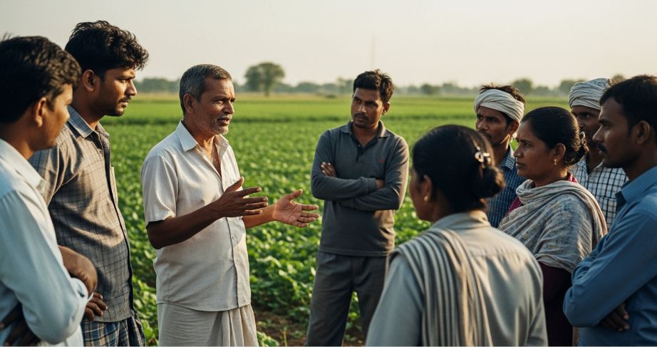 Farm demonstration session teaching modern agricultural practices to farmers