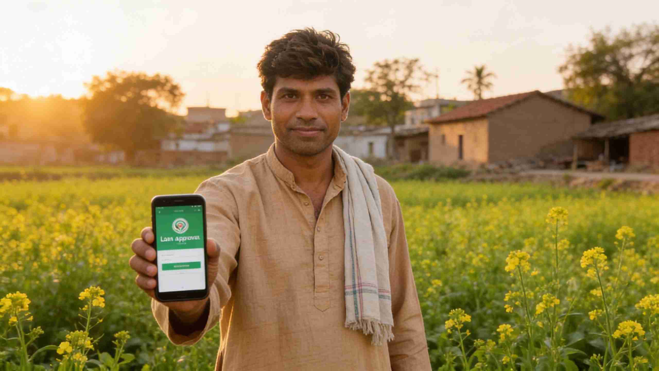 Indian farmer using mobile app to access agricultural credit and financial support